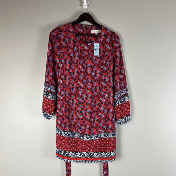 Loft S Petite Dress Floral Tie Waist Puff Sleeve Boho Red Blue - Picture 4 of 7
